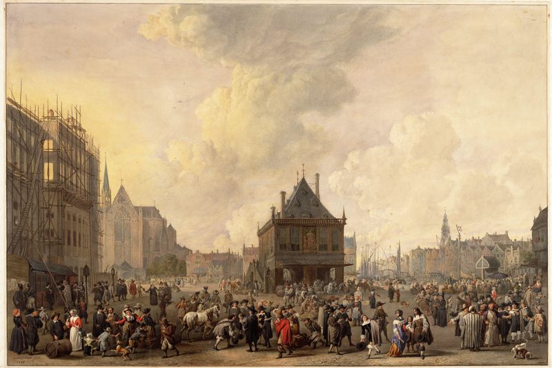 Oil on canvas by Reinier Craeyvanger depicting laborers at a stadhuis construction site.