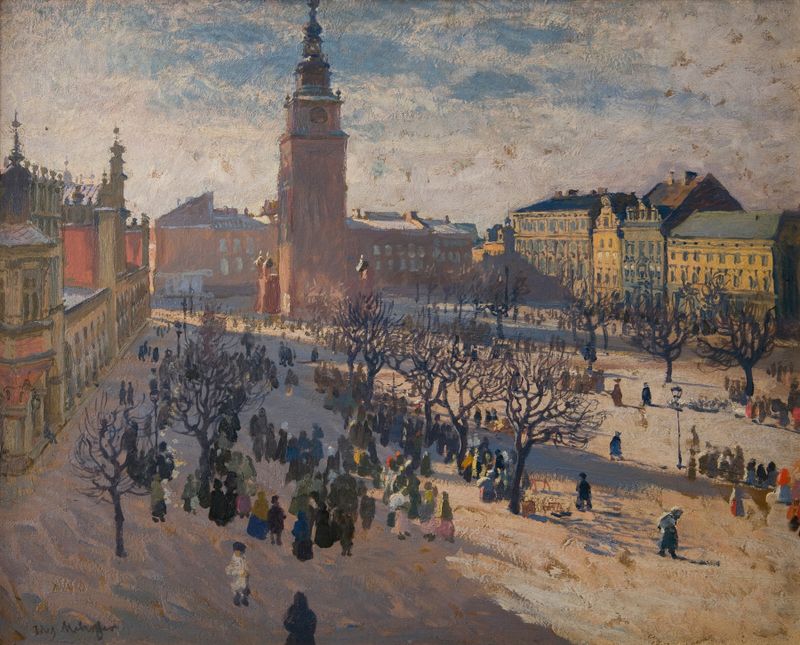Plaza del Mercado Principal en Cracovia de Józef Mehoffer, óleo sobre lienzo que representa una escena de mercado animada.