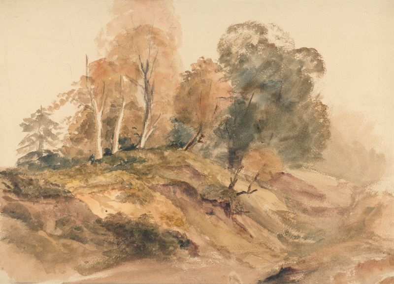 Árboles en una Orilla de Peter DeWint, pintura al óleo que representa árboles a lo largo de un río.