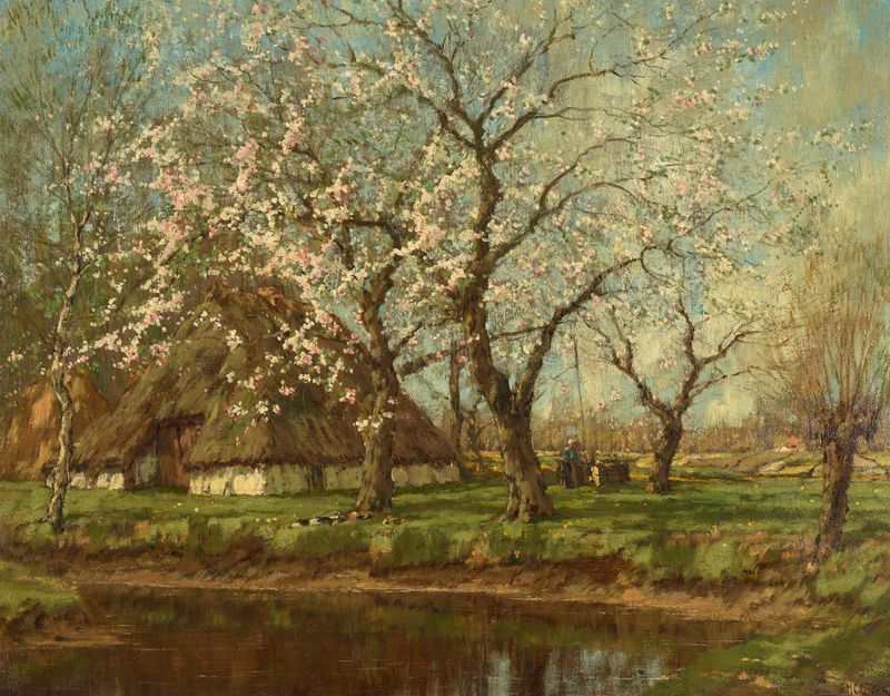 Spring landscape oil painting by Arnold Marc Gorter featuring tender green sprigs and soft pastels.