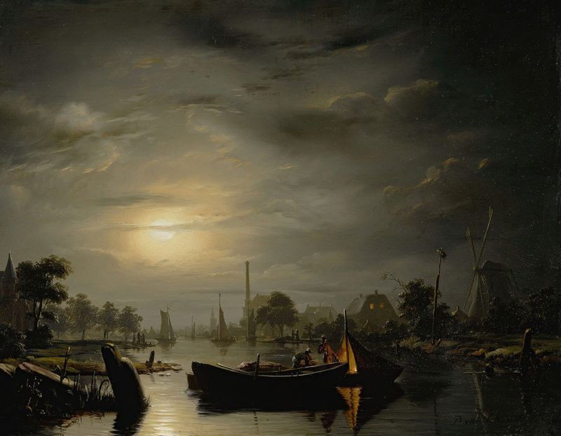 Paisagem de rio sob a luz da lua por Petrus van Schendel, pintura a óleo