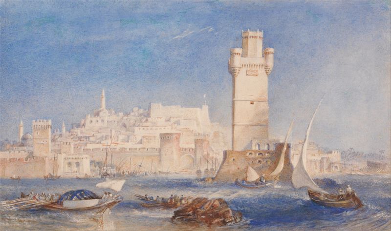 Rhodes de Joseph Mallord William Turner, óleo sobre tela representando uma paisagem marinha com mar e nuvens.
