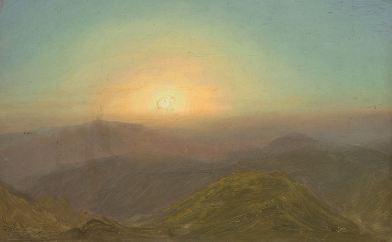 Morning Landscape de Frederic Edwin Church, óleo sobre lienzo que muestra el amanecer sobre campos y montañas.