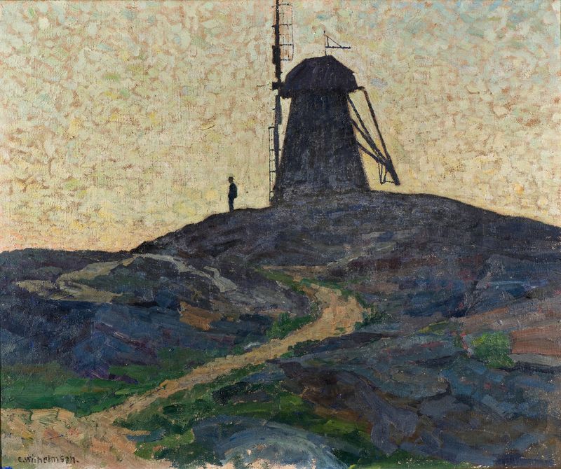 Paisagem com um moinho de vento e nuvens em espiral, óleo sobre tela de Carl Wilhelmson