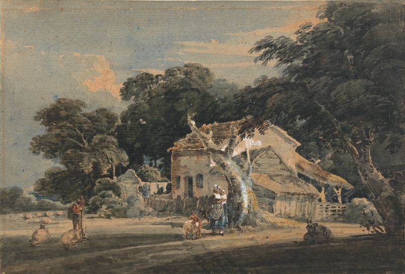A Devonshire Farm de Thomas Girtin, acuarela sobre papel, que muestra una granja entre colinas onduladas.