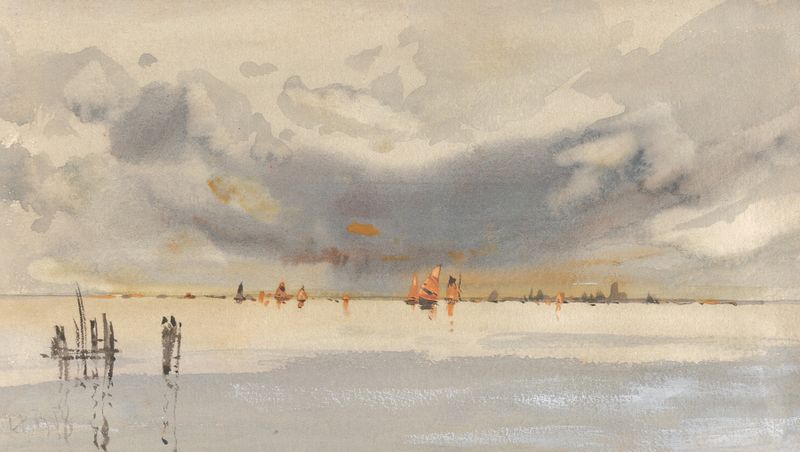 Evening on the Lagoon, Venice de Hercules Brabazon Brabazon, impressionismo, cena marinha