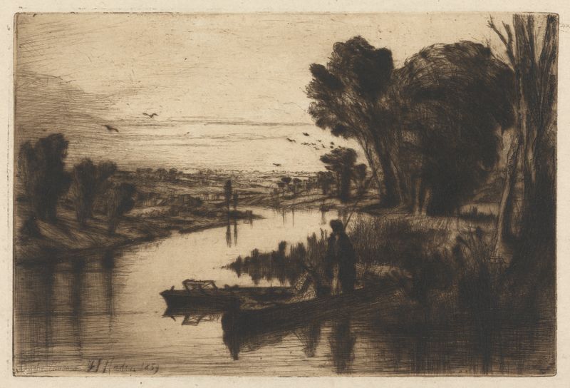 On the Thames by Francis Seymour Haden, depicting a tranquil river landscape, etching.