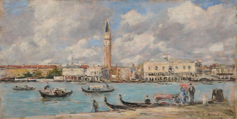 Cena marinha com barcos e água ao pôr do sol, pintura a óleo de Eugène Boudin