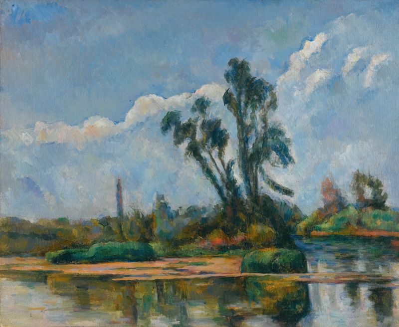 La Rivière de Paul Cezanne, óleo sobre lienzo que representa un río con vibrantes reflejos y paisajes naturales.