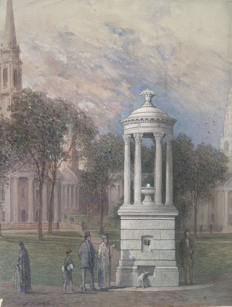 Bennett Fountain on New Haven Green, oil painting by John Ferguson Weir