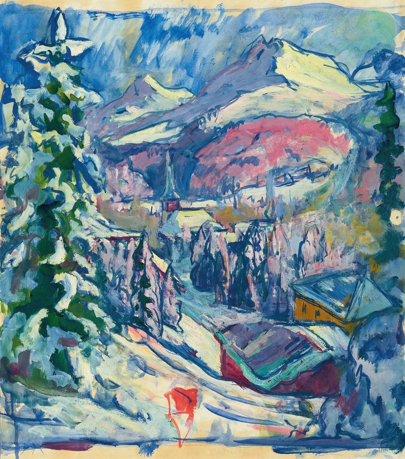 Davos im Winter, oil on canvas by Giovanni Giacometti, depicts a winter landscape with snow and mountains.