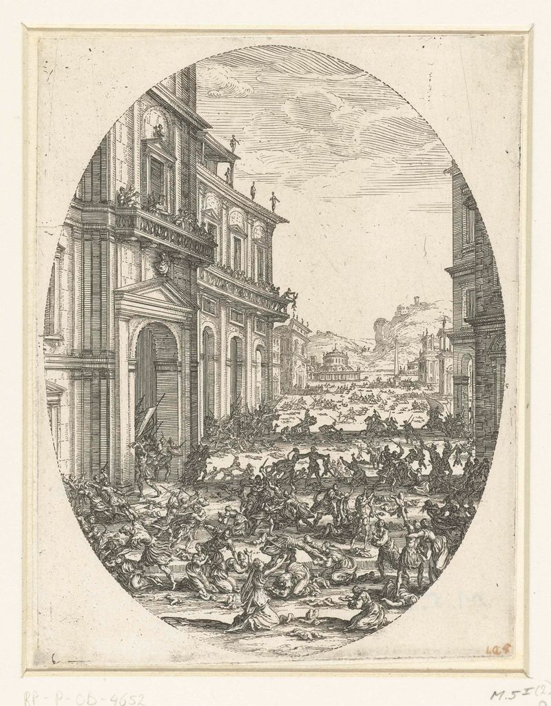 De kindermoord by Jacques Callot, etching depicting figures in despair with stark contrasts of light and shadow.
