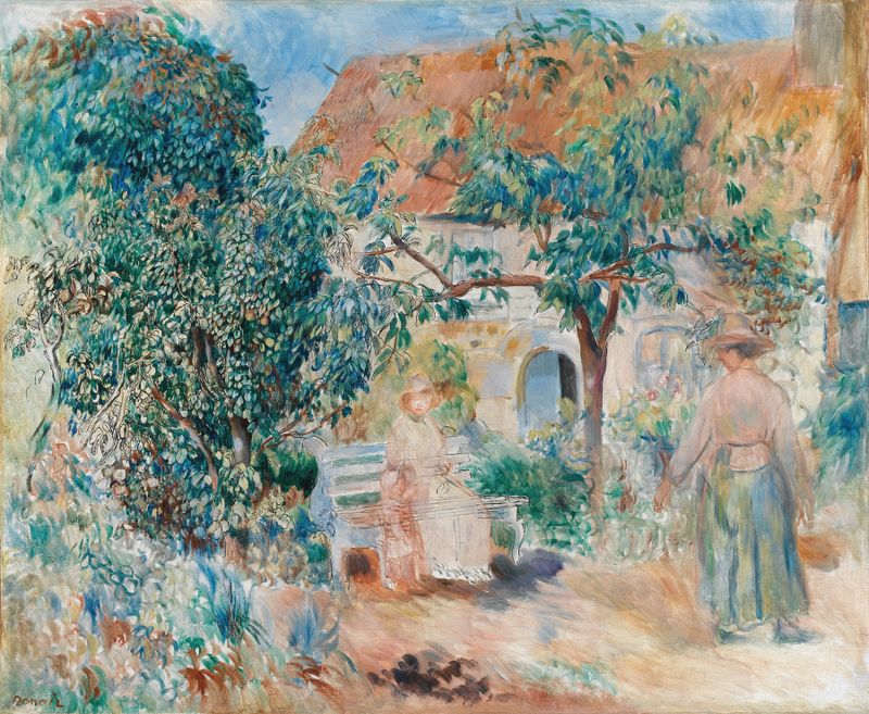 Pintura al óleo de Pierre-Auguste Renoir que representa un jardín con figuras y vegetación exuberante.