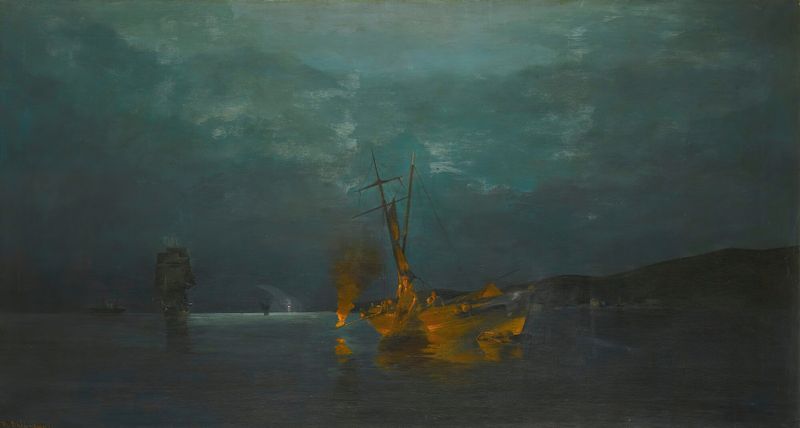 Pyrophani – Firefishing by Konstantinos Volanakis, oil painting depicting fishermen silhouetted against flames.