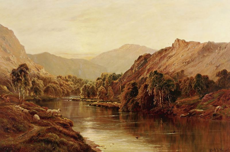 Landscape with a river and sunlight by Alfred de Bréanski, oil painting