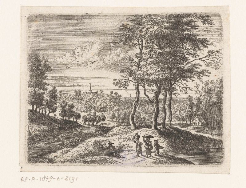 Gravura de Lucas van Uden mostrando duas mulheres e um menino com uma cesta em uma paisagem.