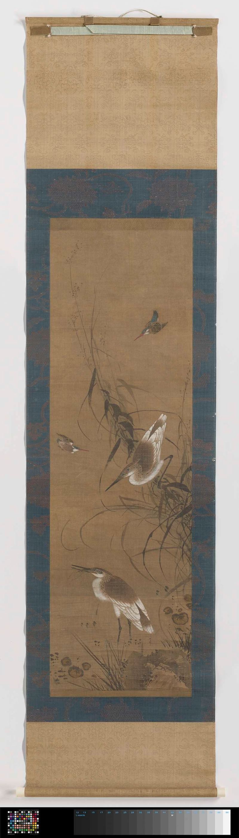 Egrets and Kingfishers, seda de Unknown Artist, que representa garzas y martinetes en invierno y verano