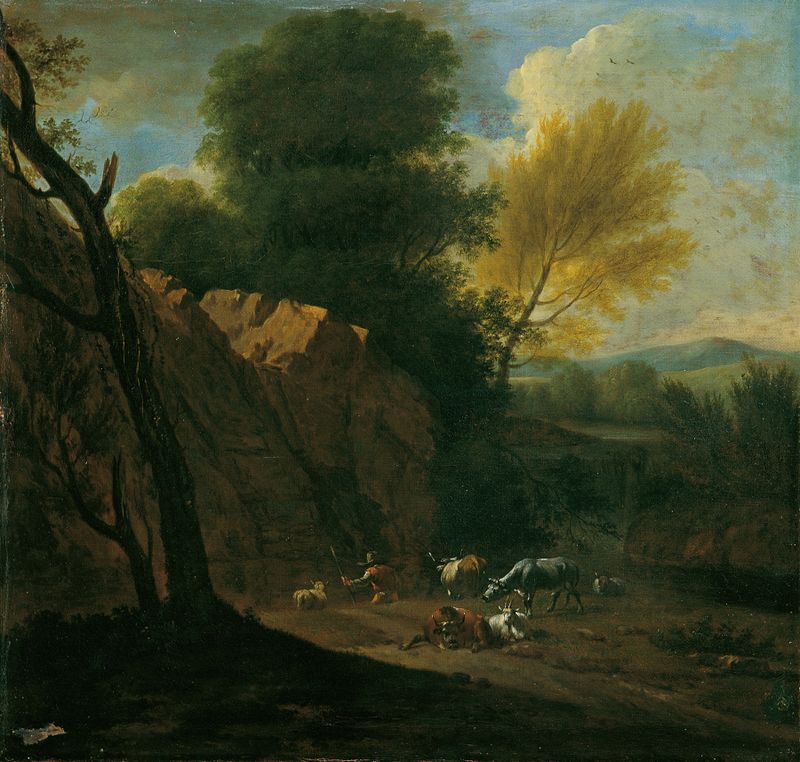 Pintura figurativa a óleo de Johann Franz Nepomuk Lauterer mostrando uma figura melancólica ao crepúsculo.