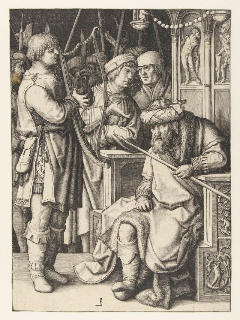 Gravura de Lucas van Leyden mostrando David tocando harpa para Saul
