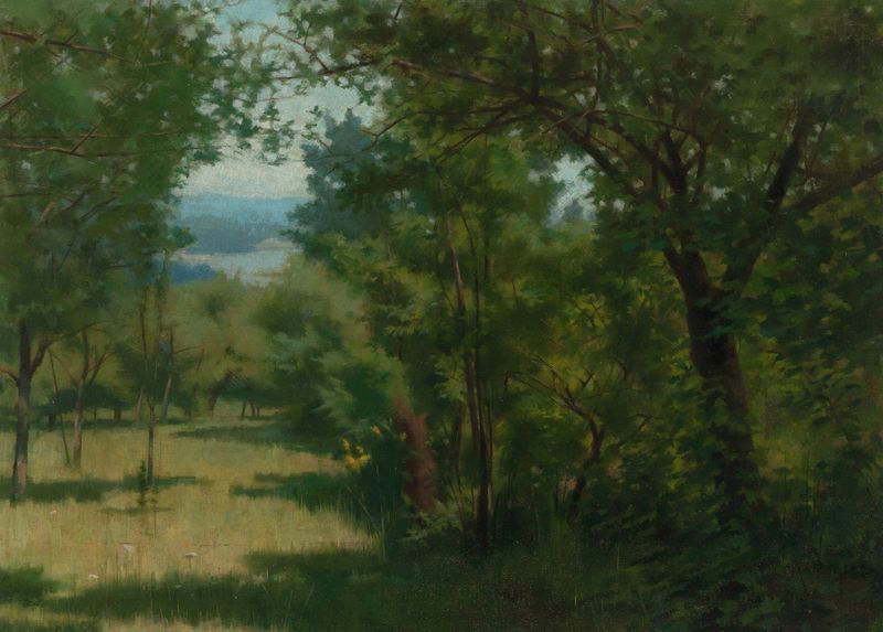 Apertura del bosque con un lago tranquilo, pintura al óleo de Joe Evans