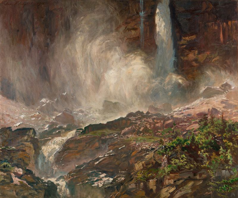 Yoho Falls de John Singer Sargent, óleo sobre lienzo, que representa agua en cascada y rocas oscuras.