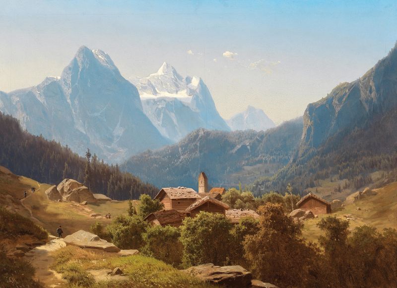 A Scene in the Bernese Highlands, oil on canvas by Anton Hansch, featuring the Wetterhorn and lush valleys.