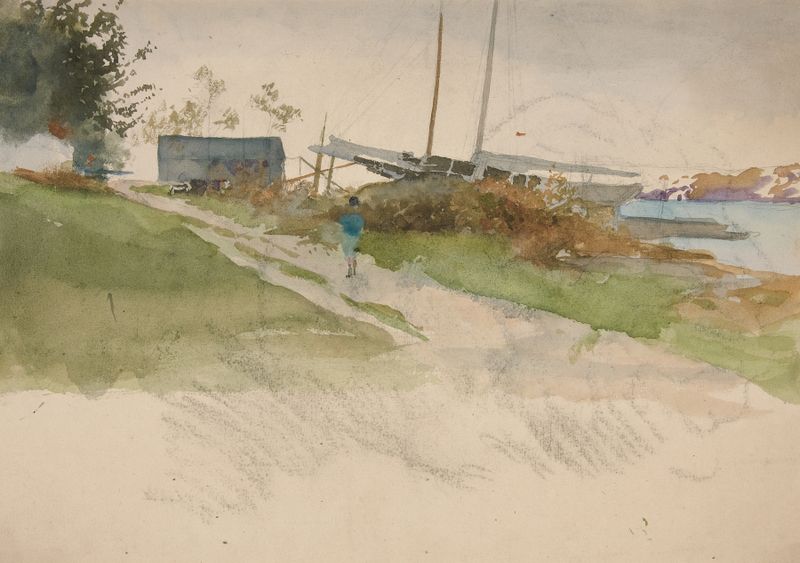 Landscape with a figure walking along a path, oil painting by Edwin Austin Abbey