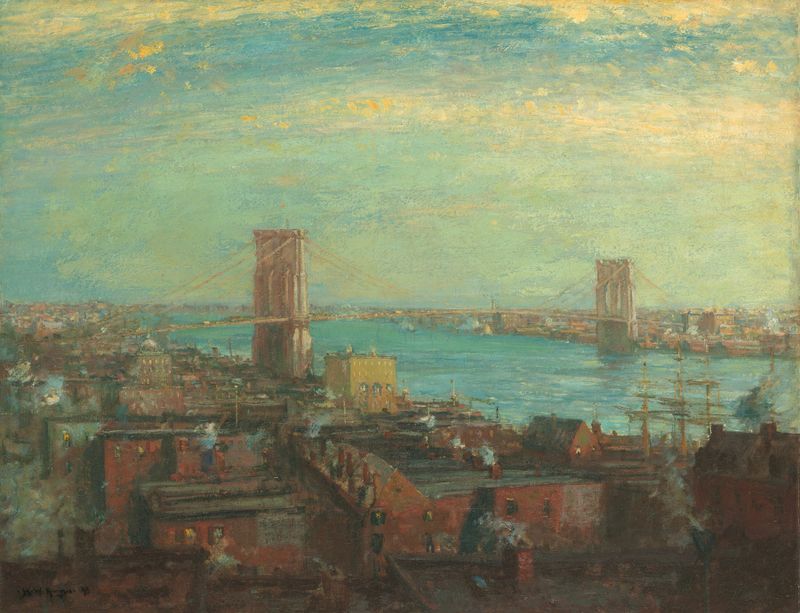 Brooklyn Bridge by Henry Ward Ranger, Impressionism, depicting a sunset over the iconic structure.
