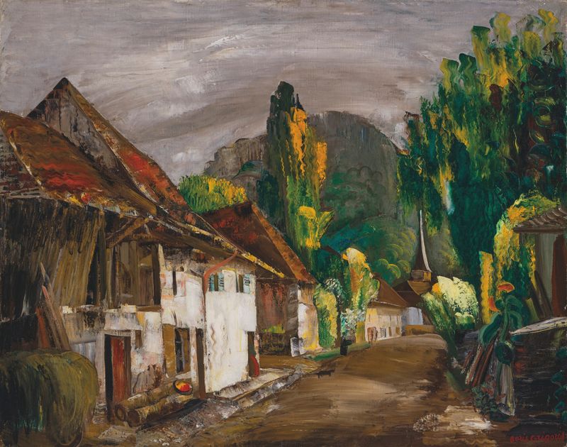 Oil on canvas by Boris Grigoriev featuring a tranquil landscape with mountains and a dusk sky