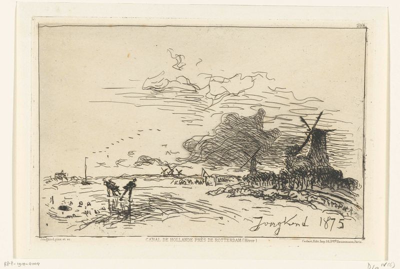 Grabado de paisaje invernal de Johan Barthold Jongkind con nieve y un horizonte tenue.