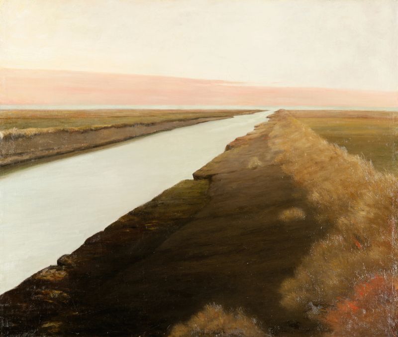 Ribe Stream by Johan Rohde, oil on canvas, depicting a tranquil river with soft blues and greens