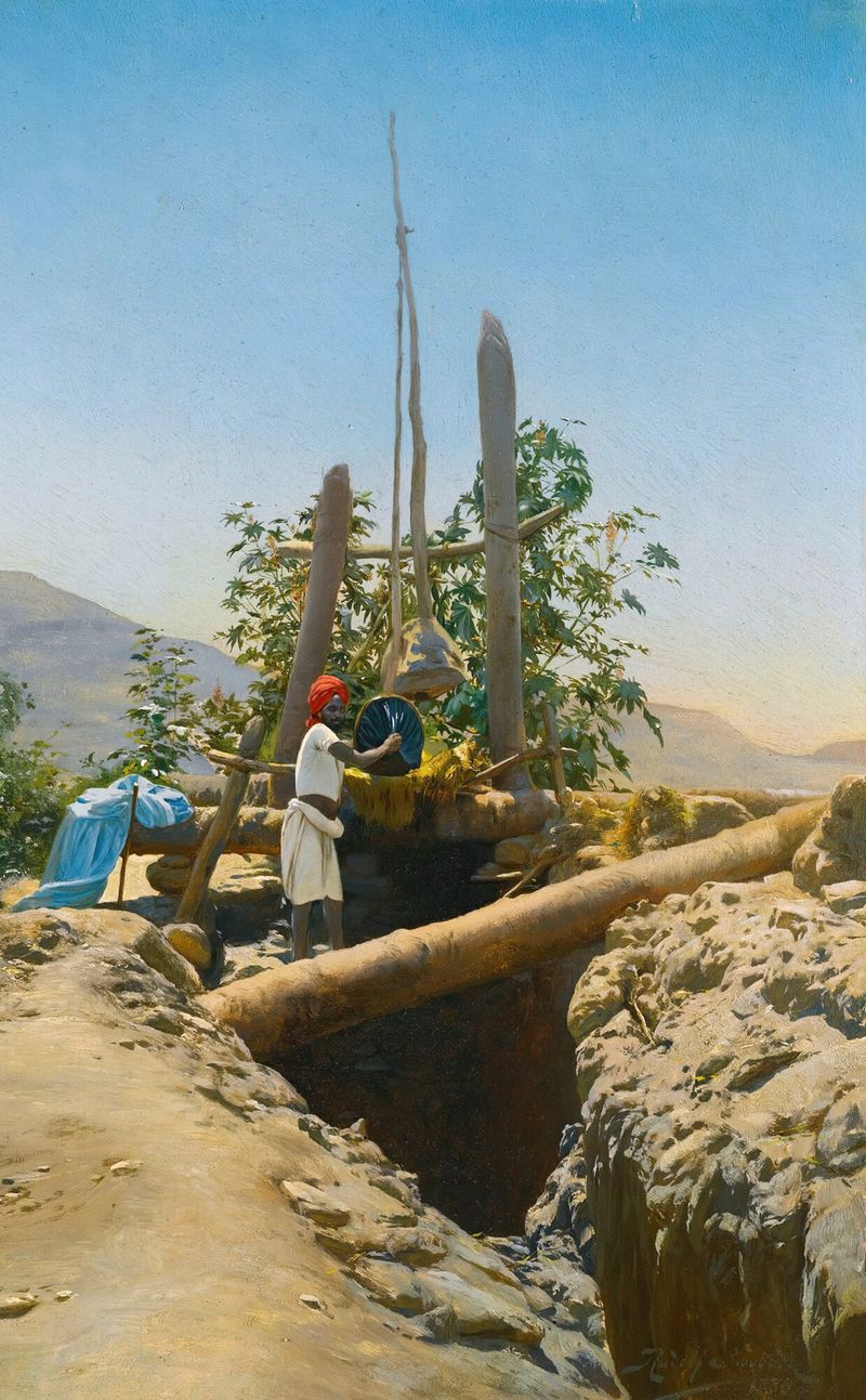 Historical scene depicting Nubian men in a landscape by Rudolf Swoboda, oil painting.