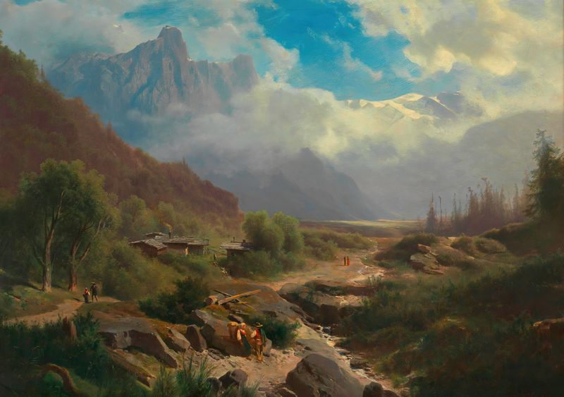 Hochgebirgslandschaft de Leopold Heinrich Voescher, pintura a óleo que representa montanhas e céu.