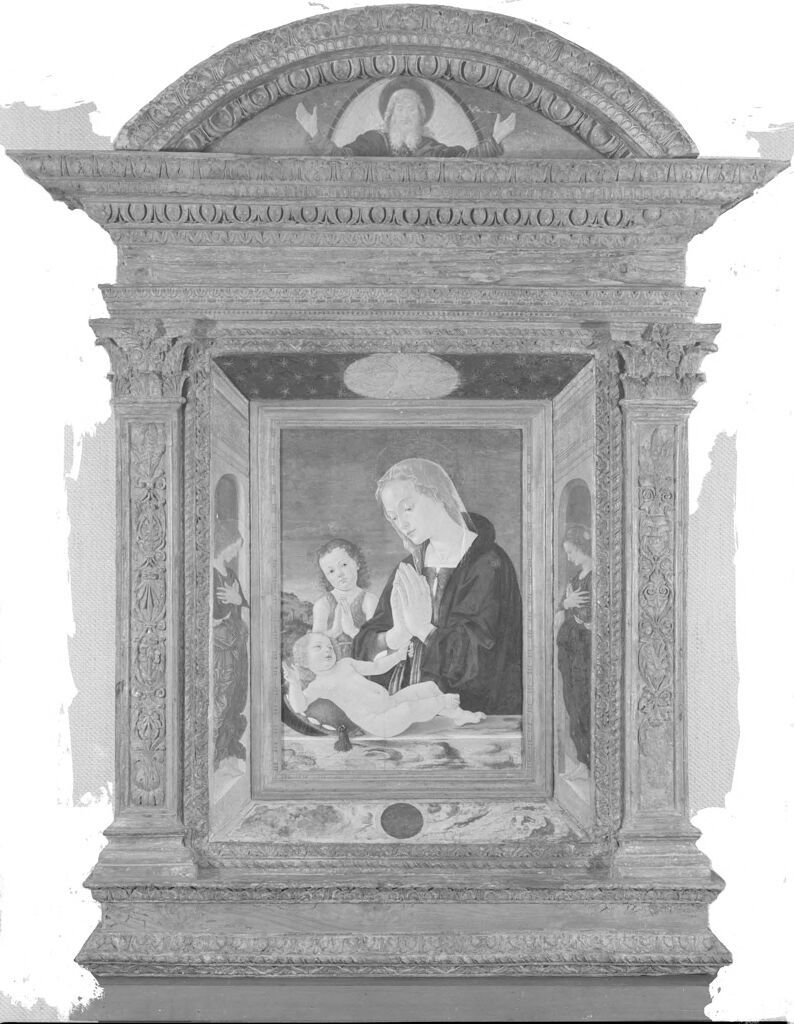 La Virgen, el Niño y el Infante Juan Bautista con Ángeles, temple sobre panel de Antonio Aquilio