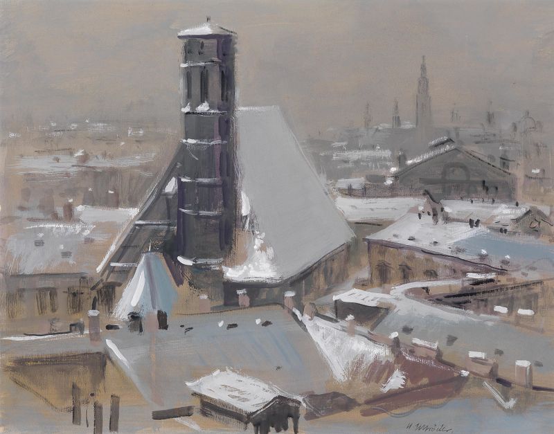 Paisaje con techos y la Minoritenkirche de Heinrich Schröder, pintura al óleo.