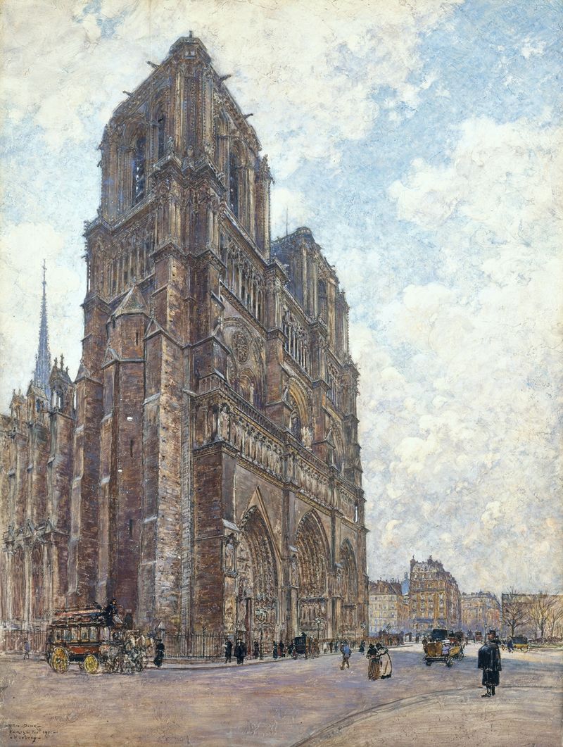 Notre-Dame de Paris by Frédéric Houbron, depicting the cathedral's reflection in the Seine, unknown medium.