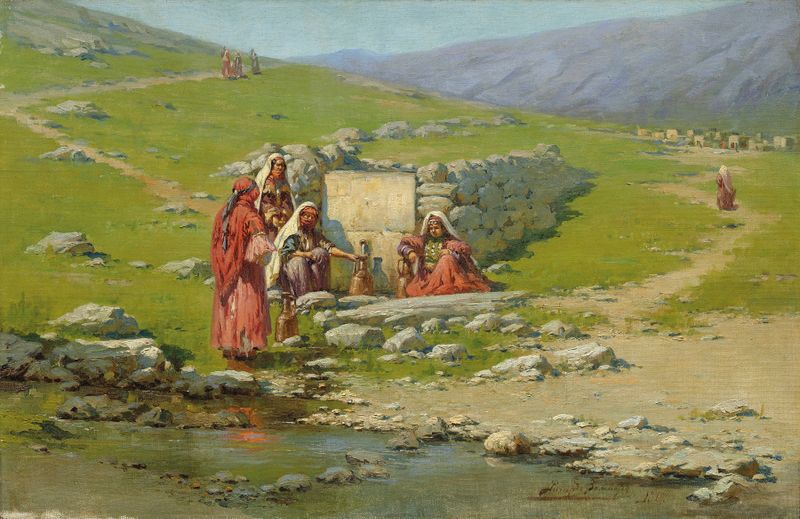 Genre scene with figures around a well, oil on canvas by Richard Karlovich Zommer