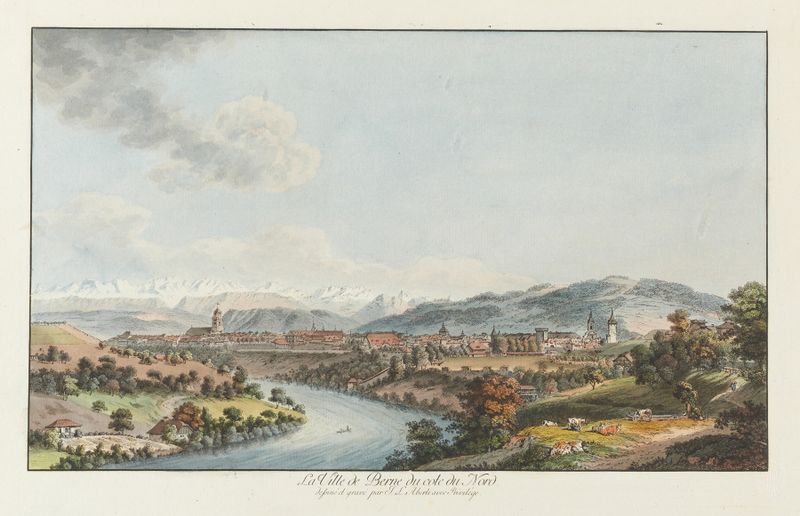Grabado de Johann Ludwig Aberli que representa un paisaje con árboles y horizonte.