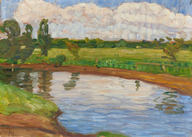 Die Wümme de Otto Modersohn, pintura a óleo que retrata um rio e prados sob uma luz suave.
