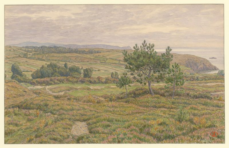 Morgat de Henri Rivière, acuarela sobre papel que muestra una bahía luminosa con aguas turquesas.