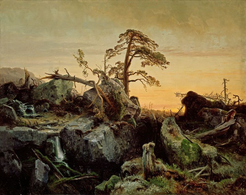 Landscape by August Cappelen, oil on canvas depicting rolling hills and a moody sky.