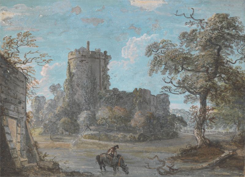 The Entrance to Chepstow Castle by Paul Sandby, watercolor on paper, featuring a mossy archway and soft light.