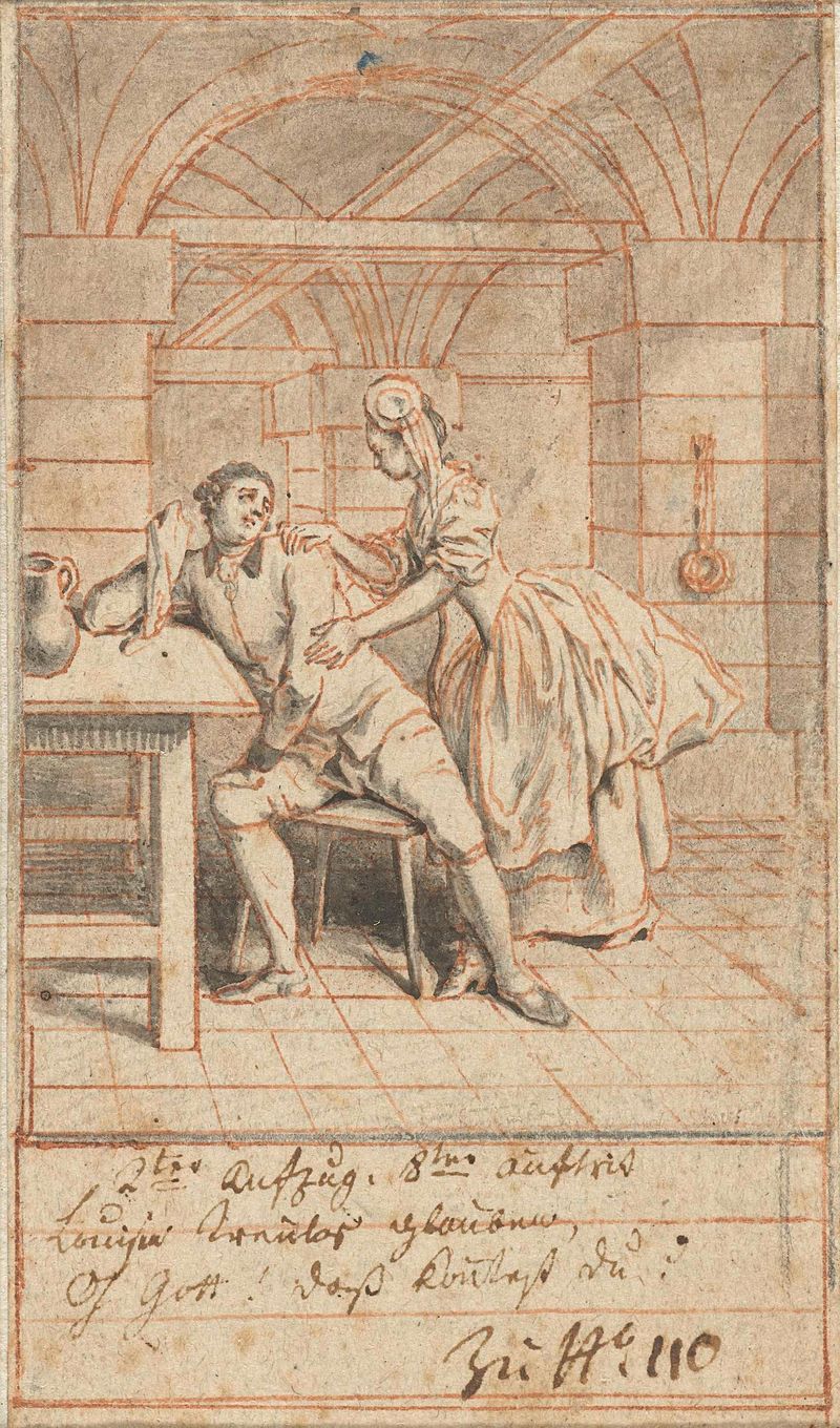 Engraving by Daniel Nikolaus Chodowiecki depicting a woman and man in prison with light and shadows.