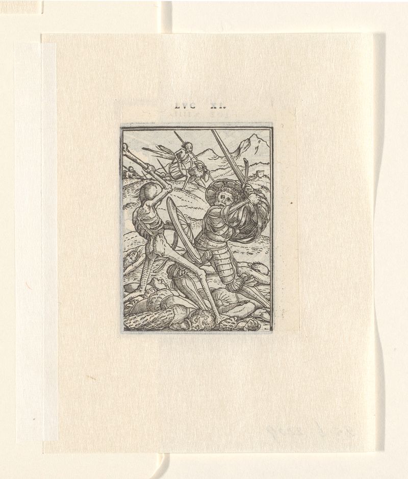 Soldaat en de Dood, una obra en papel de Hans Holbein que muestra a un soldado enfrentando la muerte.