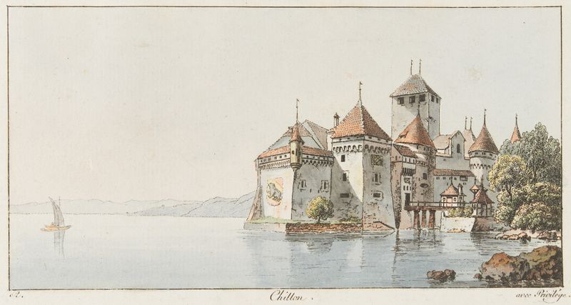 Acuarela de Johann Ludwig Aberli que representa un castillo junto a un lago al anochecer.