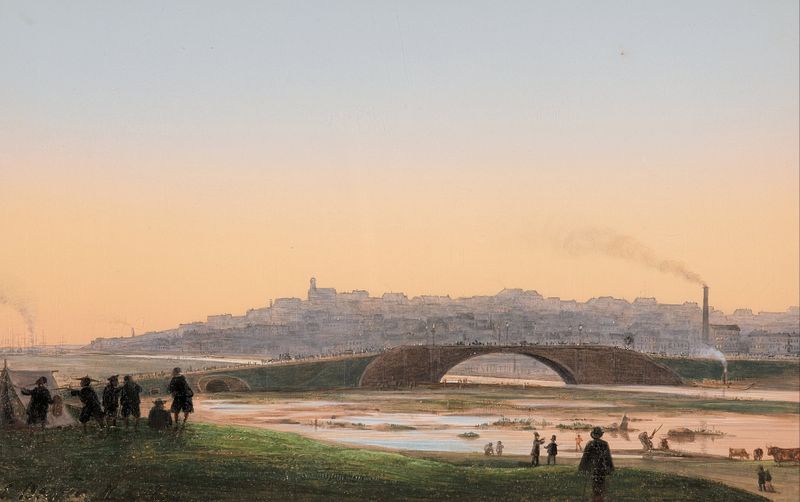 Melbourne do Yarra, óleo sobre tela de Ludwig Becker, mostrando um pôr do sol sobre o rio.