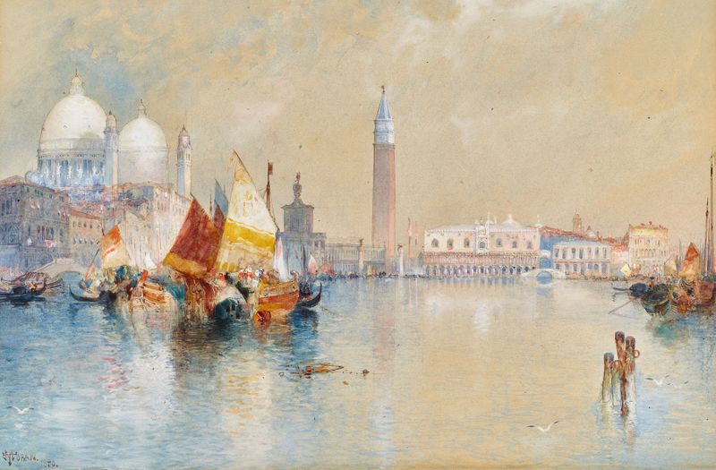 Grand Canal em Veneza de Thomas Moran, pintura a óleo que mostra reflexos de edifícios na água.