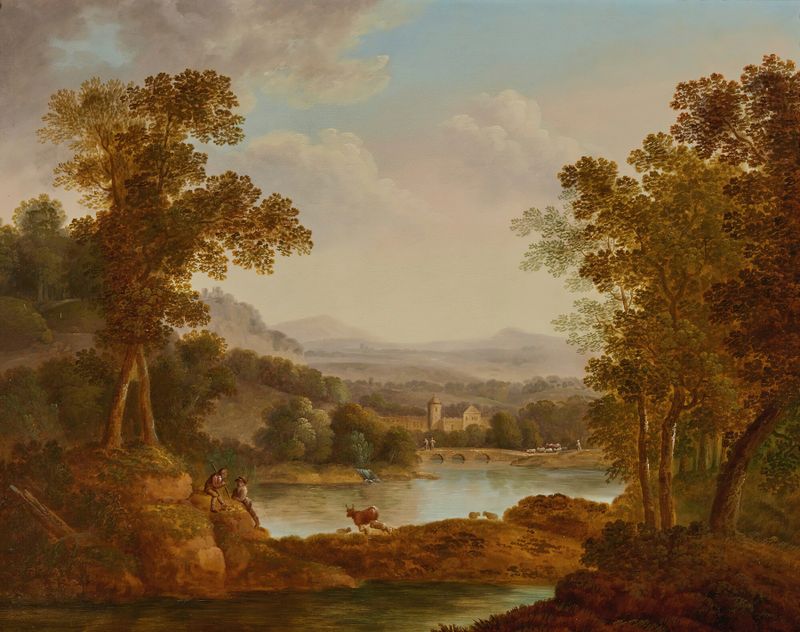 Extenso paisaje con figuras y animales de John Smith, medio desconocido.