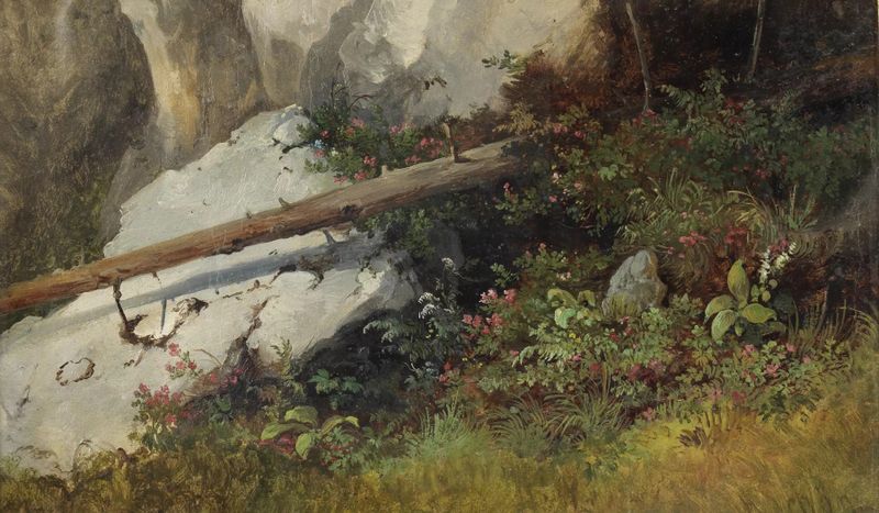 Landscape with a meadow and rocky background, oil painting by Alois Schönn