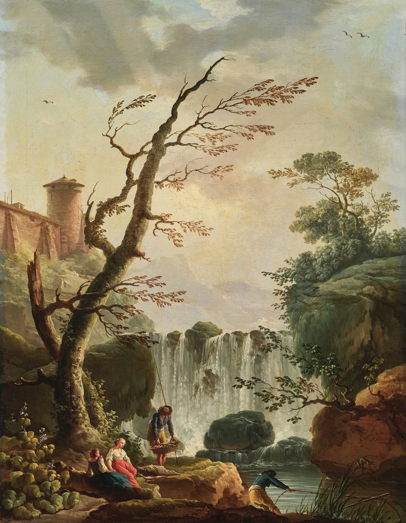 Fishermen at a rocky basin with a waterfall and castle in the background, oil painting by Charles-François Grenier De Lacroix
